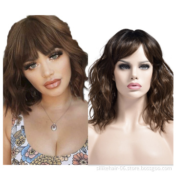 Wholesale Heat Resistant Brown Vine Purple Pink Black Silky Curly Wig For Women Synthetic Short Water Wavy Wigs With Bangs